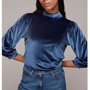 Whistles NWOT Navy Blue Soft Velvet Mock Neck Puff Shoulder Full Sleeve Top XS